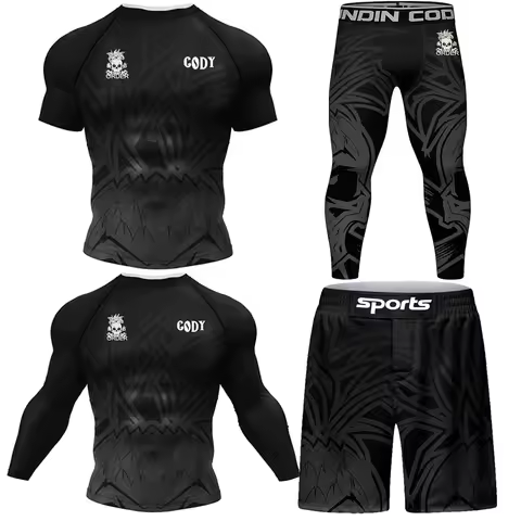 Skull Jiu jitsu Rush Guard MMA Compression T-Shirt+Leggings Sets Bjj Gi Boxing Rashguard Men's Grapp