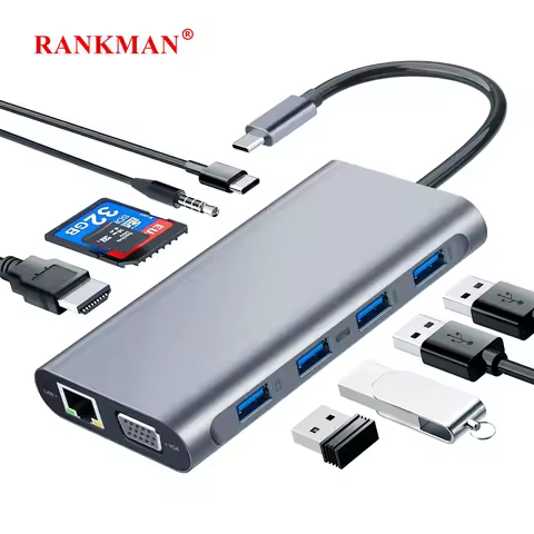 USB C Hub to RJ45 Lan Type C 4K HDMI-Compatible VGA Adapter SD TF USB 3.0 Dock Station for MacBook i