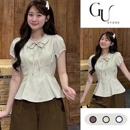 Women's Shirt Short Puff Sleeve Bow Collar Flared Waist Korean Lady Style GU STORE