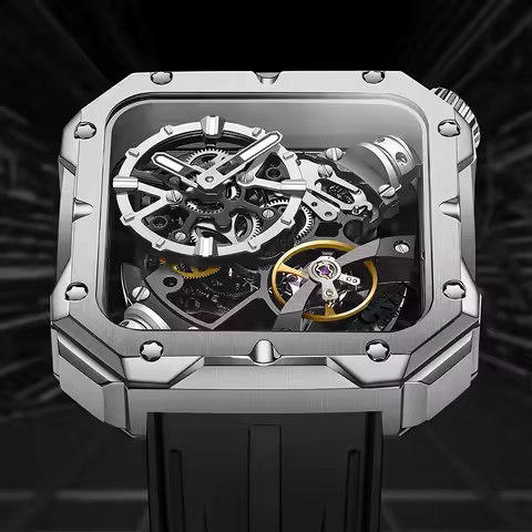 BONEST GATTI Original Skeleton Design Square Mechanical Watch Sapphire Crystal Luminous Rubber Strap