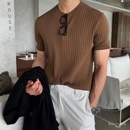 2024 Spring Autumn Solid Color Top Korean Version Slim-Fit Men's Round Neck Knitted T-Shirt Casual S