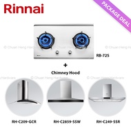 Rinnai RB-72S 2 Burner Stainless Steel Built-In Hob + Chimney Hood (RH-C209-GCR, RH-C2859-SSW, RH-C249-SSR, RH-C91A-SSVR, RH-C1059-PBR) Package Deal