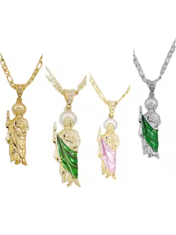 Saint Jude Necklace 14K Gold Plated San Judas Necklace Figaro chain