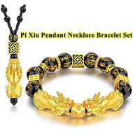Feng Shui Black Obsidian Wealth Bracelet Necklace Pi Xiu Set，Feng Shui Bracelet for Women Men，Pi Xiu Good Luck Necklace Feng Shui Bracelet