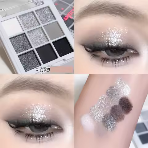 9 Colors Eyeshadow Palette, Dark Black Grey Silvery Color Shimmer Matte Glitter Finish Smokey Style