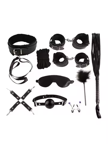 BDSM Bondage Restraint Kit 10 Pieces Leather Handcuffs Ankle Cuffs Collar Whip Ball Gag Blindfold Ni