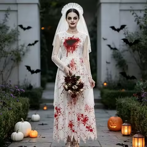 Dark Zombie with Bloodstains, Broken White Wedding Dress, Halloween Horror Zombie Bride, Adult Girl,