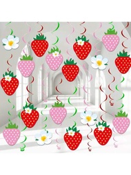32入組草莓派對裝飾，草莓懸掛旋轉紋飾、草莓第一生日橫幅、草莓箔旋轉吊飾，適用於草莓主題第一生日派對