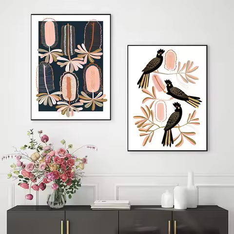 The Black Cockatoo Print Australian Flora Banksia Poster Australia Bird Illustration Art Canvas Pain