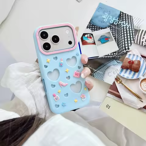 Cute Hollow Heart Silicone Case For iPhone 17 Pro Max 17 Pro 17 3D Stereo Cartoon Decor Dual Color L