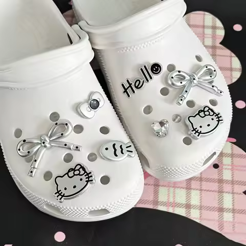 Silvery Hello Kitty Polk Dot Bow Girls Women Shoe Charms DIY Hole Shoes Detachable Buckle Garden Sho
