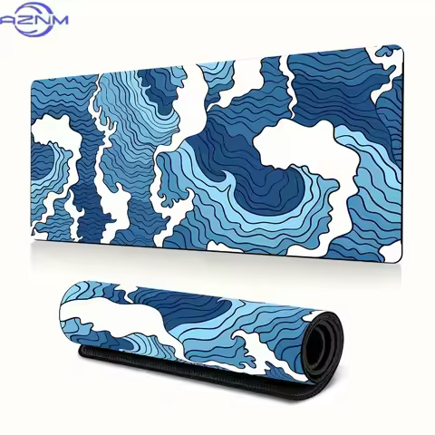 Blue White Wave Graphic Gaming Mouse Pad Large Mouse Pad With Stitched Edges Non-Slip PC Keyboard Pa