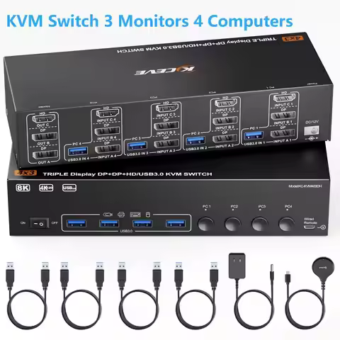 KVM Switch 3 Monitors 2/3/4 Computers,USB 3.0 HDMI+DisplayPort 8K@60Hz/4k@144Hz Triple Monitor Switc