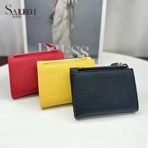 Women's Genuine Leather Slim Short Wallet Zipper Coin Purses RFID Blocking Bi-Fold Wallet Credit Car