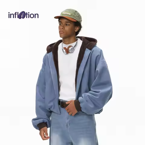 INFLATION Men’s Winter Short Fleece Zip Hoodie Jacket Contrast Color Streetwear Warm Hooded Outerwea