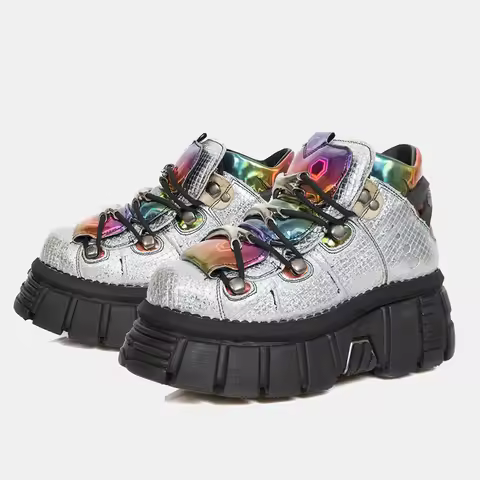 Platform Round Toe Metal Rivet Pumps 2025 Summer New Punk Street Style Rock Short Boots Mixed Color 