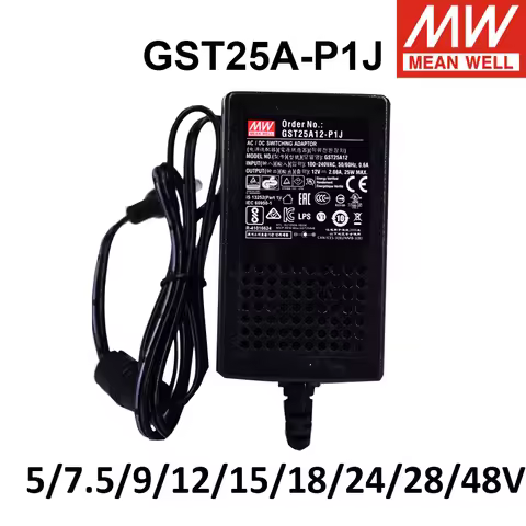 Mean Well GST25A12-P1J GST25A05-P1J 25W Adaptor 5V 7.5V 9V 12V 15V 18V 24V 28V 48V Universal Laptop 