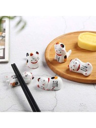 5入組貓形筷子架 - 日式瓷器 - 陶瓷湯匙架可愛的陶瓷貓筷子套裝 - 迷人的室内外用餐裝飾,易於存儲,使用舒適,並適用於各種房間