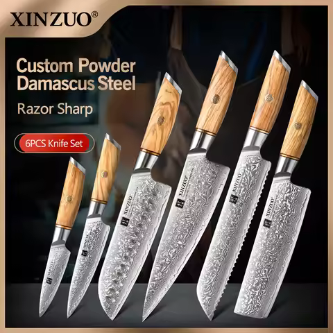 XINZUO 6pcs Knife Set Damascus Steel Chef Nakiri Utility Knife VG10 Vegetable Fruit Knife Meat Cutti