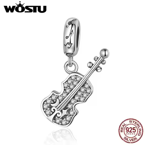 WOSTU 925 Sterling Silver Violin Guitar Music Bead Charms Pendant Fit Original Charm Bracelet Authen
