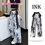 Ink Painting Ribbon Pants Women Ice Silk Straight Cut Palazo Slack High Waist Baggy Loose Wide Leg C
