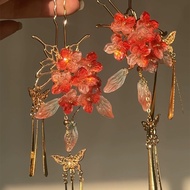 Chinese Ancient Red Glass Flower Hair Accessories
