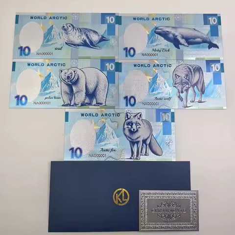 5pcs/set Arctic Animals Silver Colorful Banknote Arctic Wolf Plastic Commemorative Banknote Home Dec