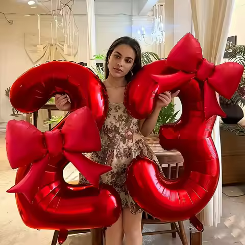 2pcs/set 32inch Red Number Digital Balloon With Red bowknot Foil Balloons for Birthday Party and Ann