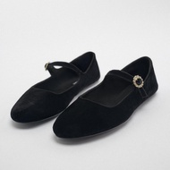 ZARAˉ Womens Shoes 2024 New Black Rhinestone Buckle Ballet Shoes Low Mouth Round Head French Mary Ja