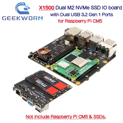 Geekworm X1500 V1.0 Dual M2 NVMe SSD IO board with 1GbE & Dual USB 3.0 Ports for Raspberry Pi CM5