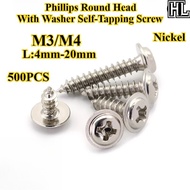 [HL-ZGLS] 500PCS Nickel Plating Phillips Round Head With Washer Self-Tapping Screw M3/M4 Cross Pan H