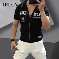 IELGY เสื้อฮู้ดแขนสั้นพิมพ์ลายตัวอักษร,เสื้อสเวตเชิ้ตมีฮู้ดปักลายสำหรับผู้ชาย