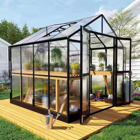 8x8x7.5 FT Aluminum Polycarbonate Greenhouse 2 Vents Lockable Swing Door Rain Gutter Walk-in Backyar