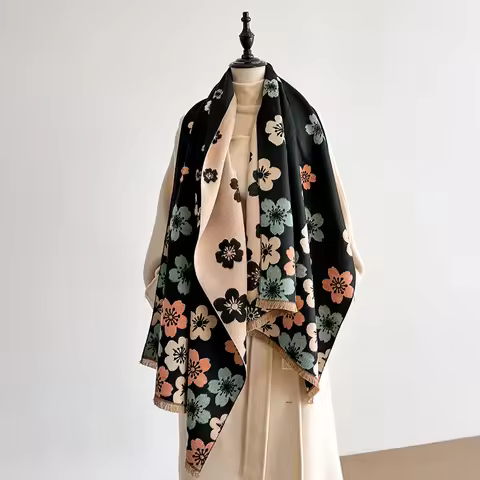 Elegant Floral Bouquet Scarf Imitation Cashmere Soft Warm Versatile Shawl Coldproof Windproof Blanke