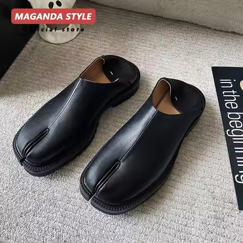 Maganad Tabi Babouches Loafer Flat Shoes for Women and Men Couple Shoe Split Toe Genuine Leather Bla