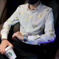 MIKEJIE Spring New Mens Shirt Long Sleeve Korean Trend Print Handsome Handsome Stretch Youth Non-Iro