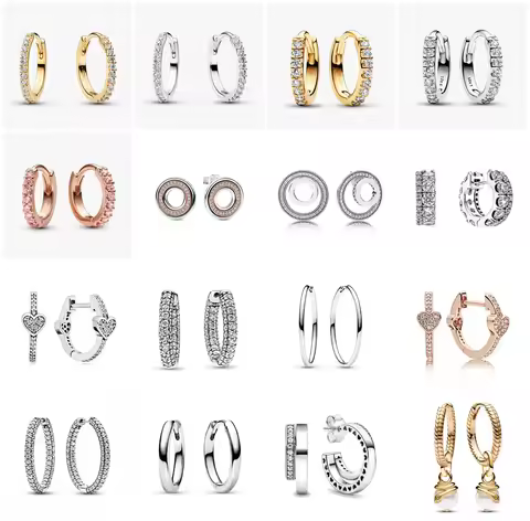 Authentic 925 Sterling Silver Timeless Pave Single-row Hoop Earrings For Women Party Wedding Jewelry