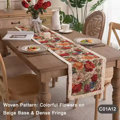 Vintage American Fringe Table Runner - All-Polyester Woven Jacquard Cover for Console, TV Stand, Bed