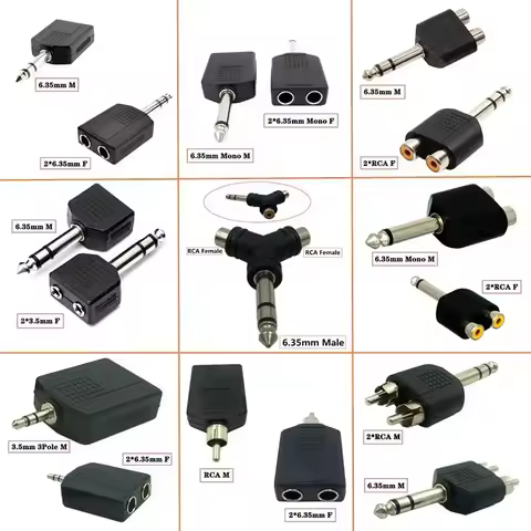 6.35mm 1/2 Audio Adapter 6.35 To Dual AV Two Lotus RCA Hole 3.5/RCA Male To 2 * 6.35 Female Amplifie