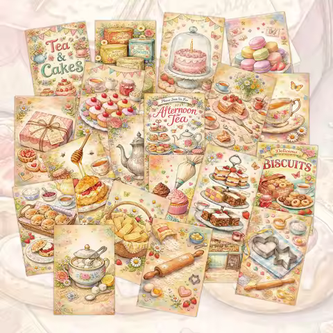 20pcs Vintage Tea Party Dessert Postcards,Bakery Themed Wall Decor Cards,Aesthetic Journal Supplies,