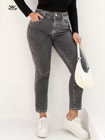 Plus Size Gray Jeans for Women Stretchy High Waist Mom Jeans Harem Full Length Washing Denim Jeans C