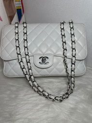 CHANEL Jumbo cf 白色荔枝皮銀扣 30cm