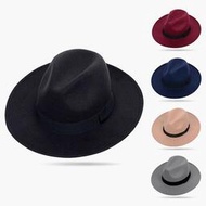 大沿禮帽 男士黑色毛呢帽 英倫帽子 男女爵士帽 紳士帽 復古帽 造型帽 英倫造型帽 寬檐帽 大帽沿遮陽 透氣