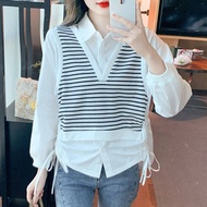 stripe shirt women baju stylebaju jalan perempuanoffice wear women Baju berjalur dua helai palsu wan