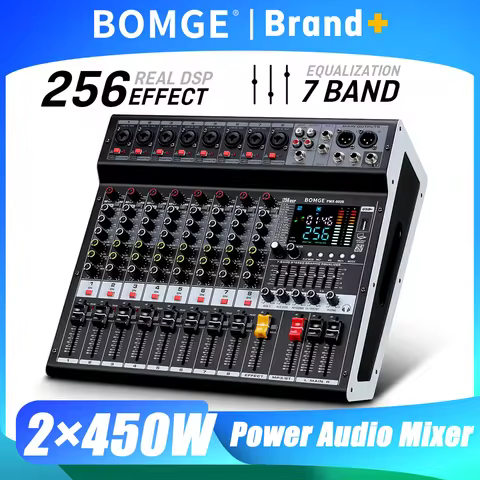 BOMGE 8 Channel 450W×2 Power Audio Mixer 256 DSP DJ Audio Mixer USB Interface Controller Power Mixer
