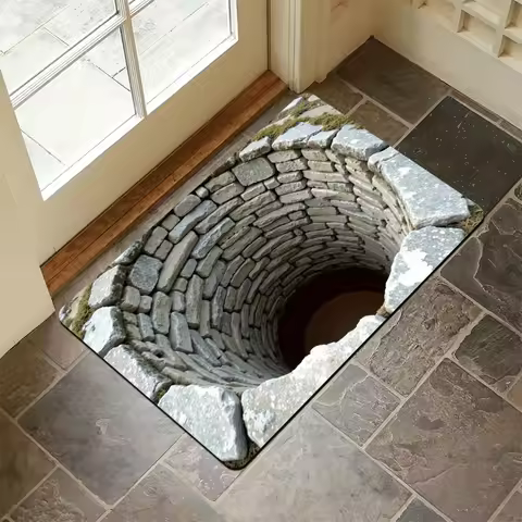 3D Stone Well Hole Flannel Rug Printed Carpet Indoor Decorative Entryway Floor Mat Anti Slip Soft Op