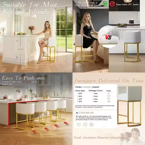 Set of 3 PU Leather Barrel Backed Bar Stools, 26 High, Gold Metal, Beige & White