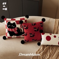 2025 Red New Year Kitten Pillow Thickened Dutch Velvet Square Detachable Pillowcase Cartoon Printed 