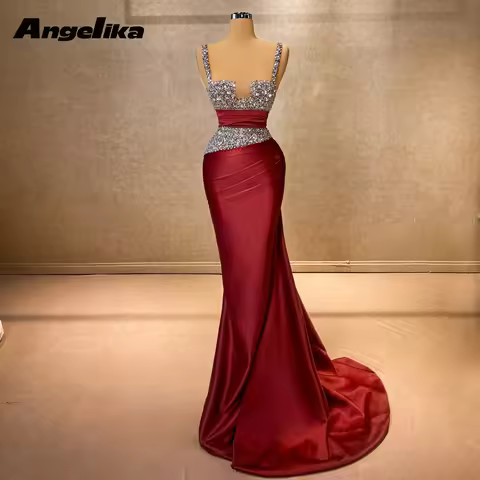 Angelika Glamorous Satin Prom Dress for Women Spaghetti Straps Square Collar Sweep Train Pleat Saudi
