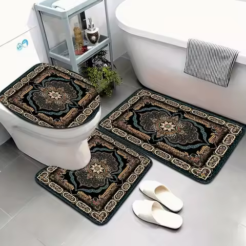 Bohemian Style Dark Brown Arrow Pattern Bathroom Mat Set of 3 - For Toilet Seat and Floor, U-Shaped 